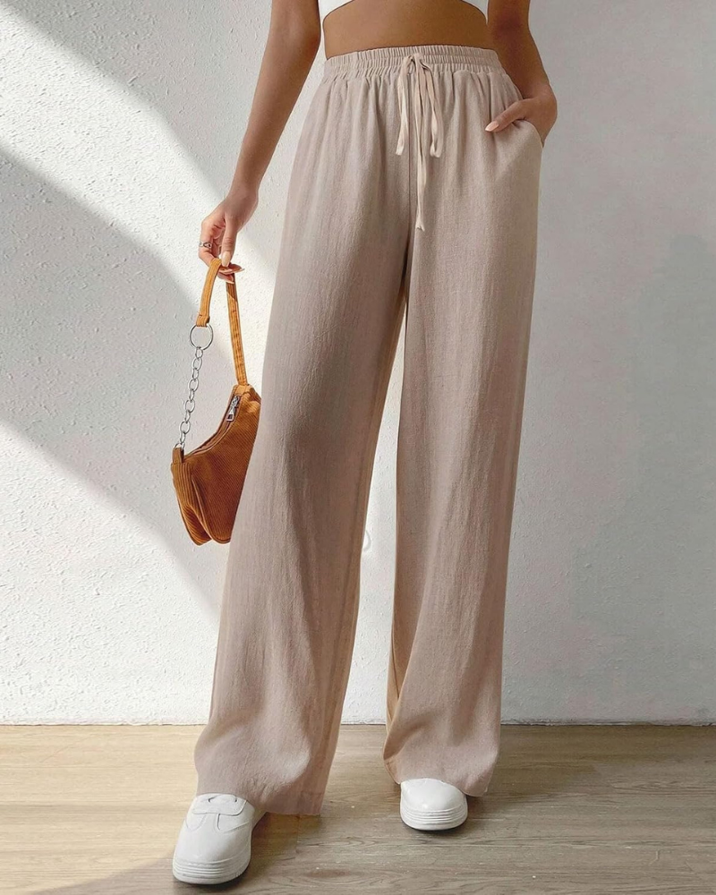 Rosalind Pantaloni Palazzo Donna – Cotone e Lino, Vita Alta con Coulisse e Tasche