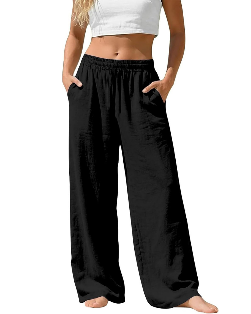 Amelia Pantaloni Palazzo Donna – Cotone e Lino, Vita Alta Elasticizzata con Tasche
