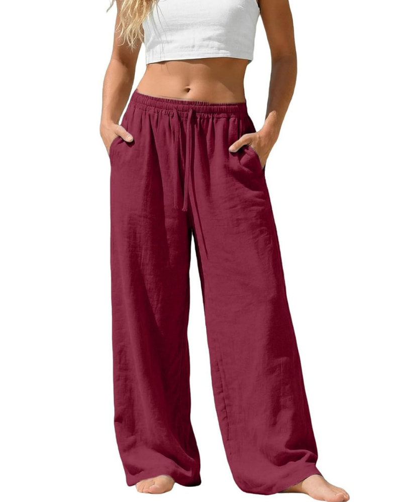 Amelia Pantaloni Palazzo Donna – Cotone e Lino, Vita Alta Elasticizzata con Tasche