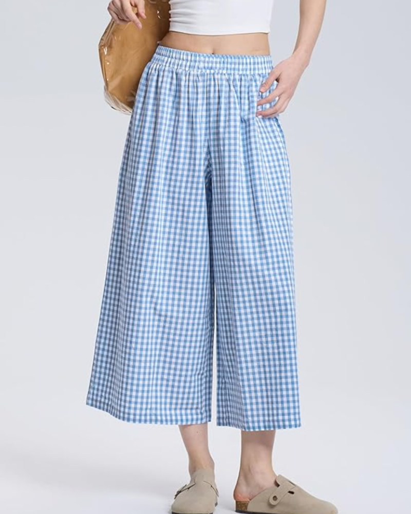 Lauren Pantaloni Capri Donna – Vita Elasticizzata, Gamba Larga e Fantasia a Righe o Quadri
