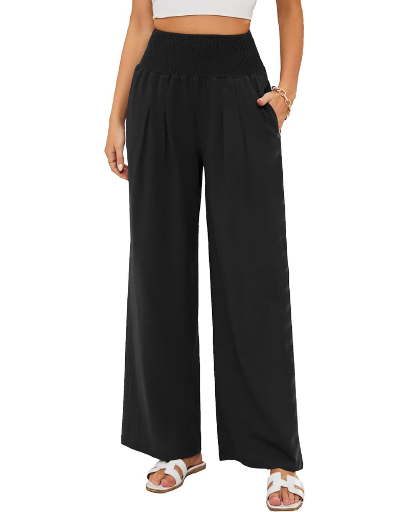 Maribel Pantaloni Palazzo Donna – Cotone e Lino con Vita Alta, Pieghe e Tasche