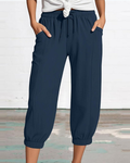 Sienna Pantaloni Capri Donna – Lino e Cotone, Vita Alta con Coulisse e Gamba Ampia