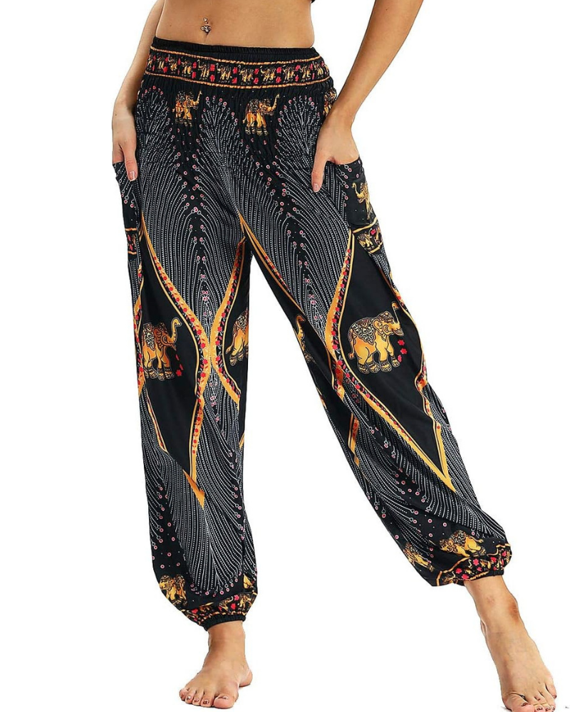 Evelyn Pantaloni Harem Donna – Vita Alta Elasticizzata, Stampa Boho e Tasche