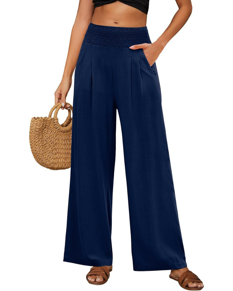 Brielle Pantaloni in Lino Donna – Vita Alta Elasticizzata, Gamba Larga e Tasche
