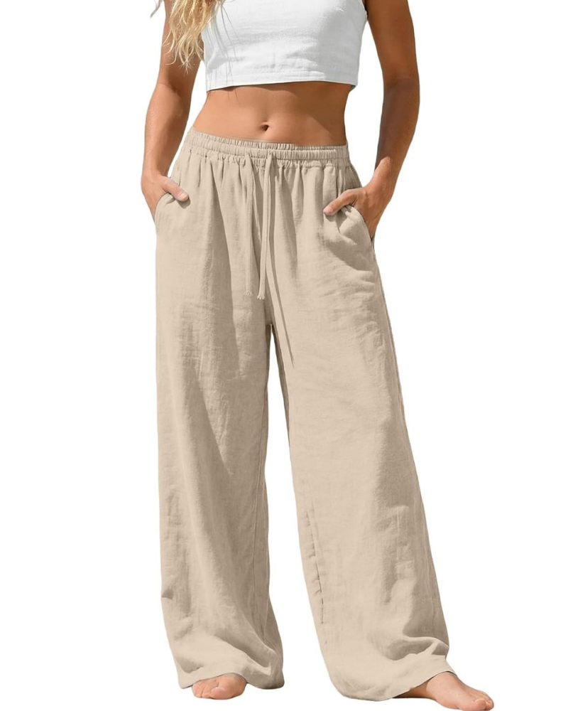 Amelia Pantaloni Palazzo Donna – Cotone e Lino, Vita Alta Elasticizzata con Tasche