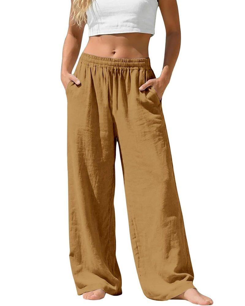 Amelia Pantaloni Palazzo Donna – Cotone e Lino, Vita Alta Elasticizzata con Tasche