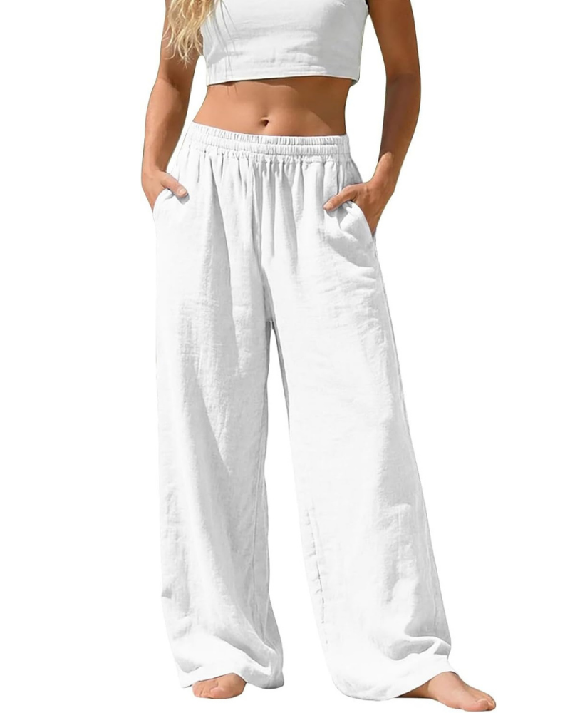 Amelia Pantaloni Palazzo Donna – Cotone e Lino, Vita Alta Elasticizzata con Tasche