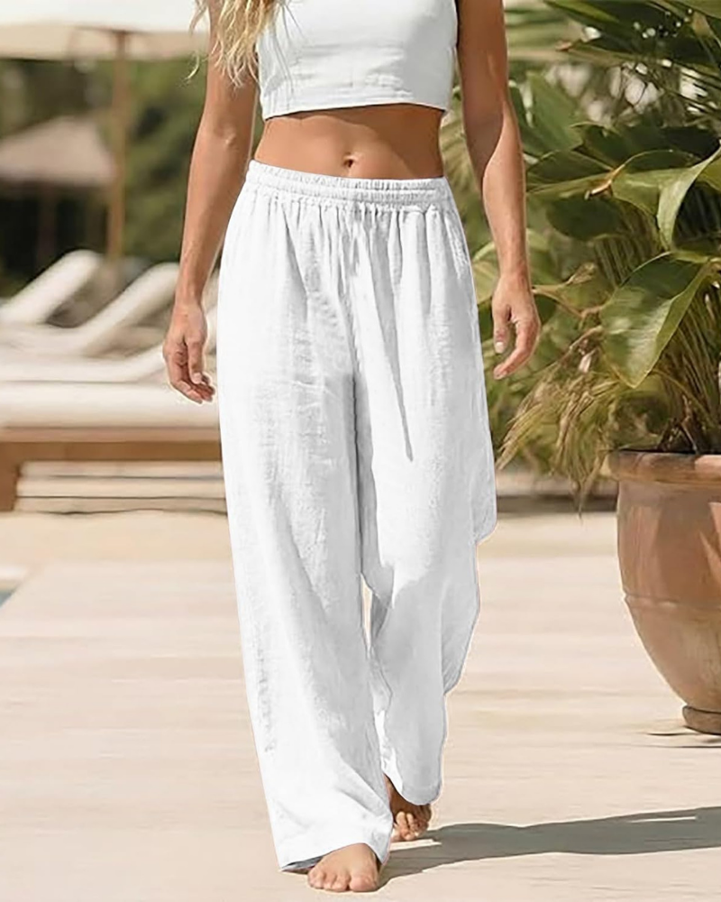 Amelia Pantaloni Palazzo Donna – Cotone e Lino, Vita Alta Elasticizzata con Tasche