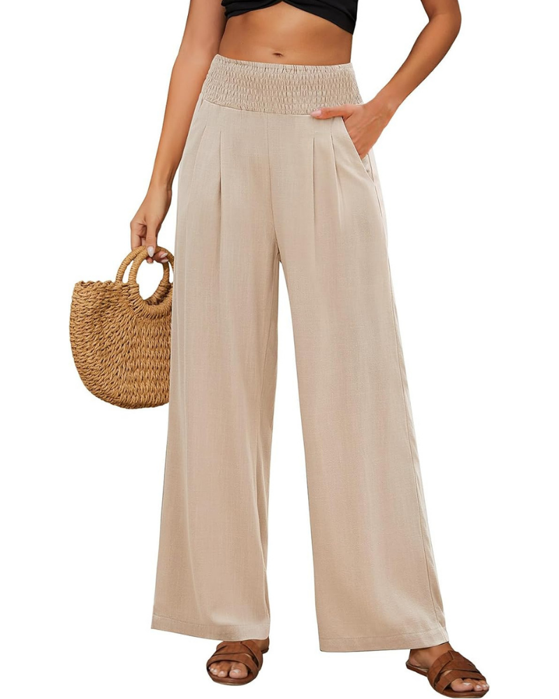 Brielle Pantaloni in Lino Donna – Vita Alta Elasticizzata, Gamba Larga e Tasche