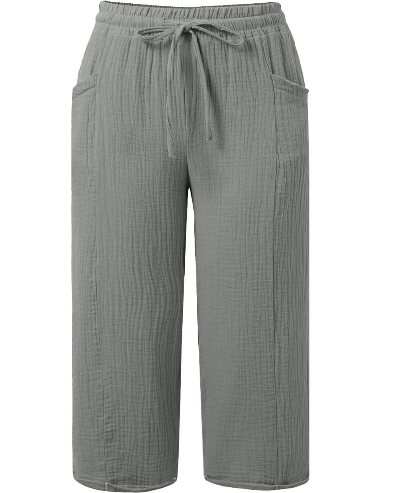 Savannah Pantalon Capri Femme – Mélange de Lin, Taille Élastiquée et Poches Latérales