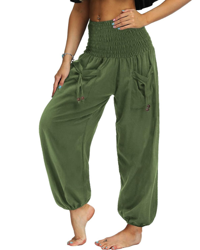 Luna Pantaloni Harem Donna – Vita Alta Plissettata con Tasche, Stile Boho e Yoga