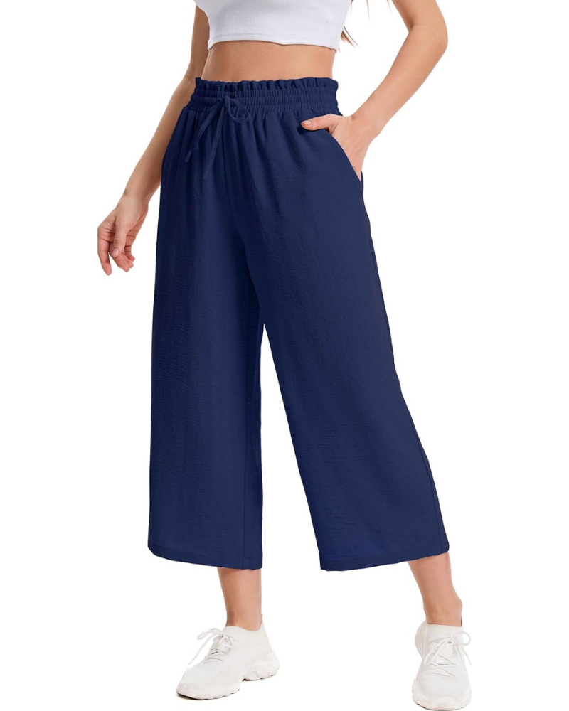 Phoebe Pantaloni Capri Donna – Vita Alta con Coulisse, Gamba Ampia e Tasche