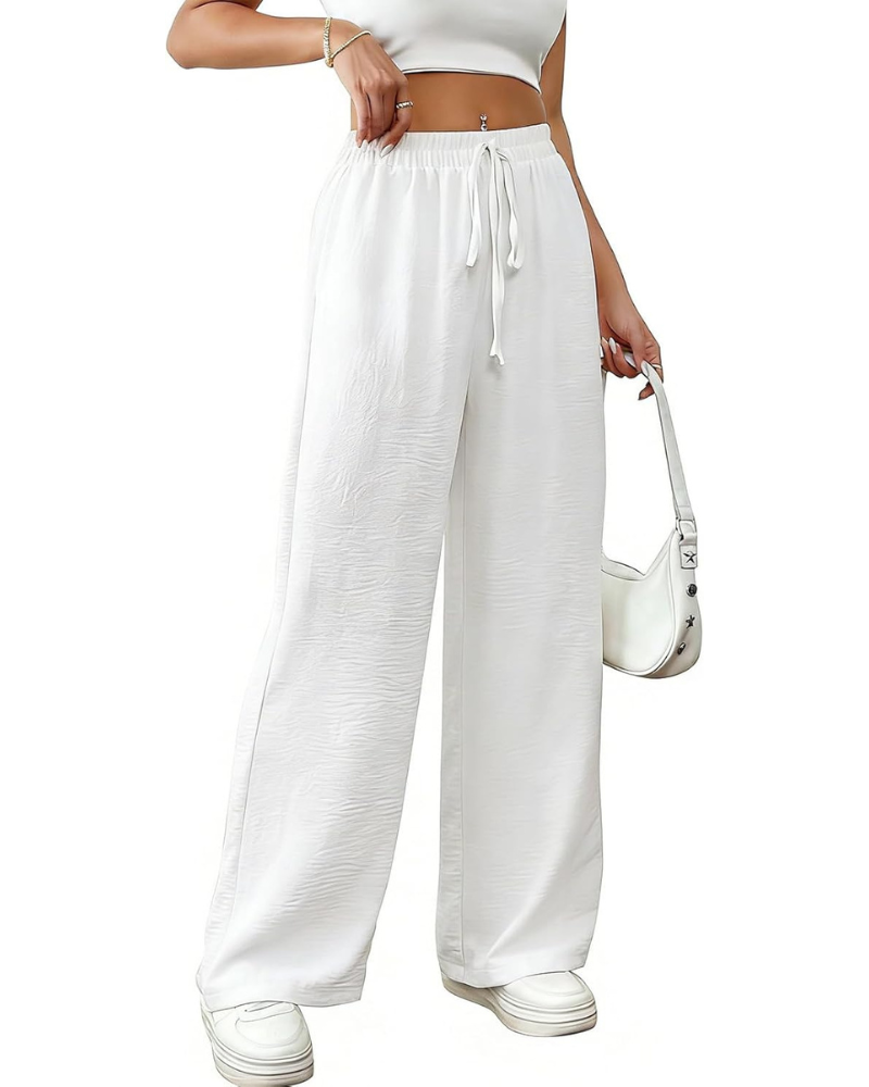 Rosalind Pantaloni Palazzo Donna – Cotone e Lino, Vita Alta con Coulisse e Tasche