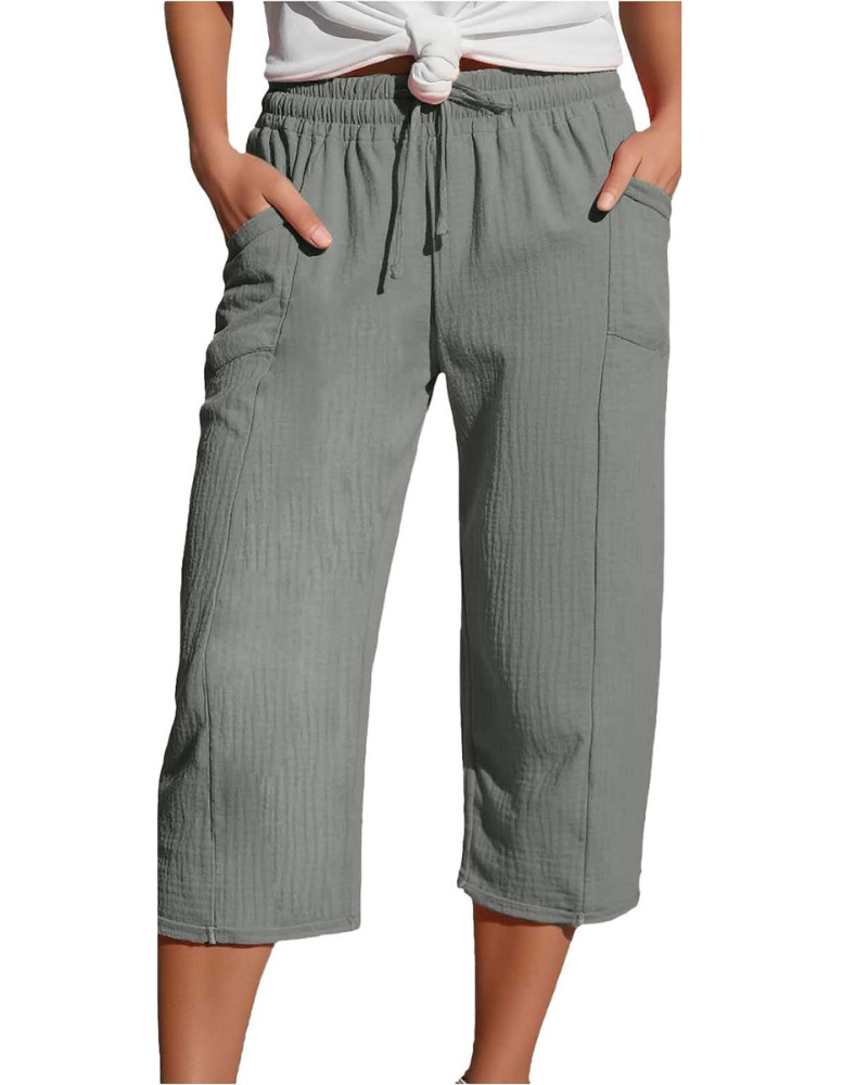 Savannah Pantalon Capri Femme – Mélange de Lin, Taille Élastiquée et Poches Latérales