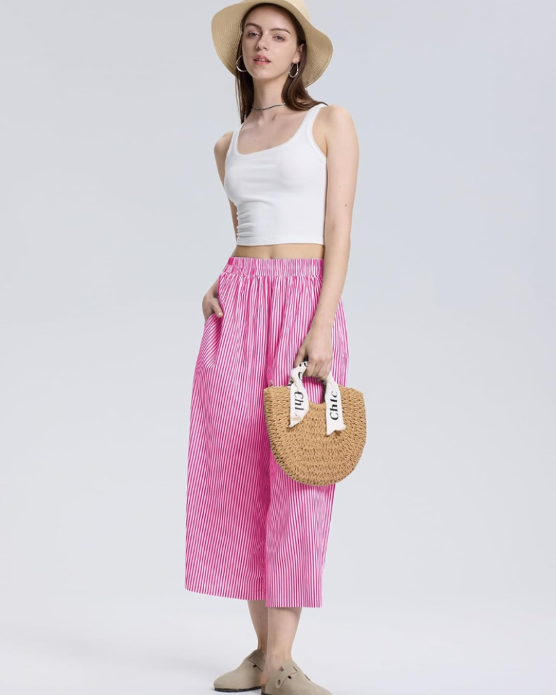 Pantalon Capri pour femme Lauren – Taille élastiquée, jambe large et motif à rayures ou carreaux