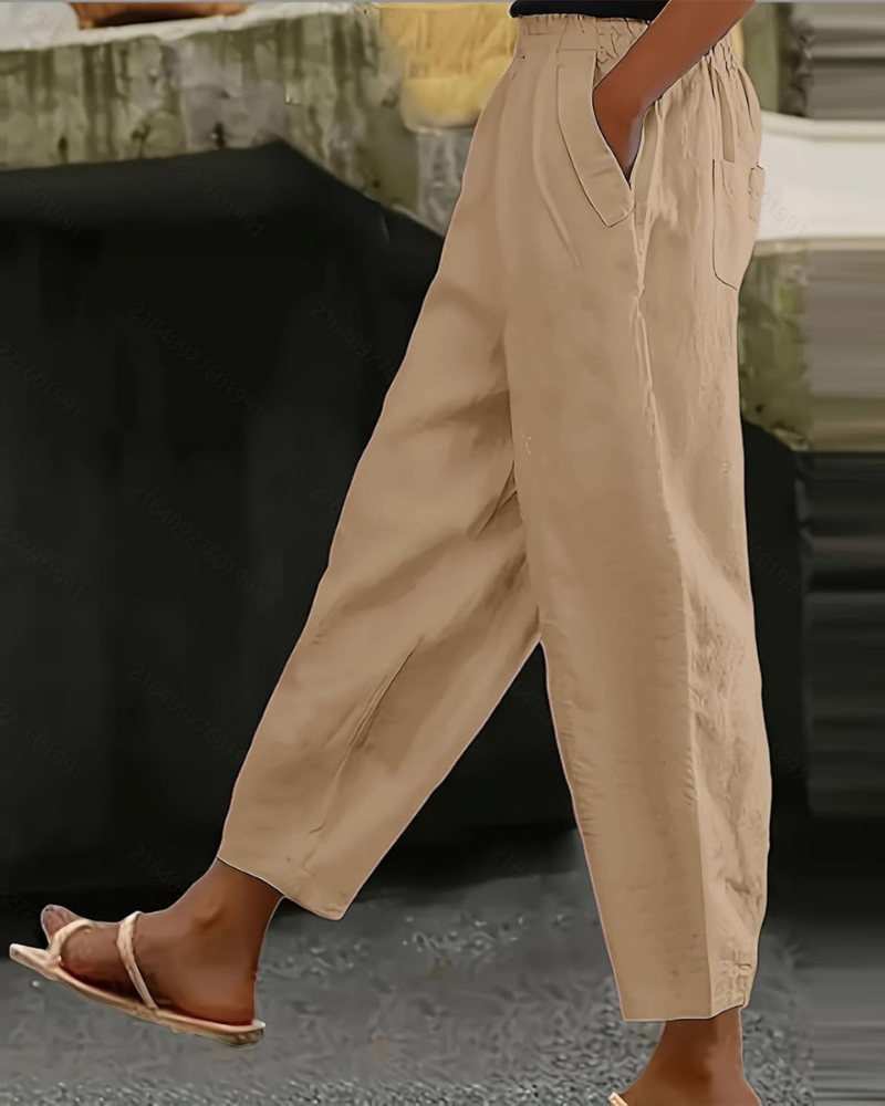 Sophia Pantaloni Donna in Lino Cotone – Vita Elasticizzata, Gamba Dritta e Tasche Casual