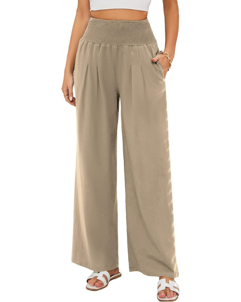 Maribel Pantaloni Palazzo Donna – Cotone e Lino con Vita Alta, Pieghe e Tasche