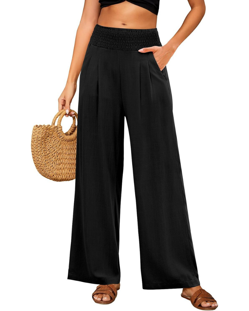 Brielle Pantaloni in Lino Donna – Vita Alta Elasticizzata, Gamba Larga e Tasche