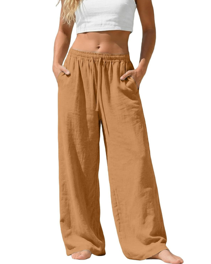 Amelia Pantaloni Palazzo Donna – Cotone e Lino, Vita Alta Elasticizzata con Tasche