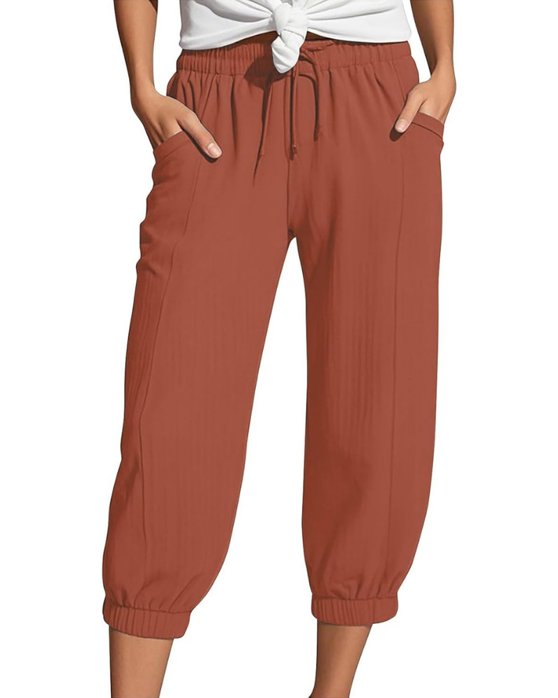 Sienna Pantaloni Capri Donna – Lino e Cotone, Vita Alta con Coulisse e Gamba Ampia