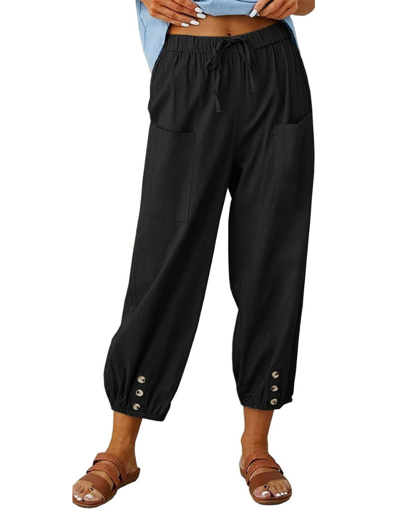 Aubrey Pantaloni Capri Donna – Vita Alta con Coulisse, Tasche e Fondo Elasticizzato