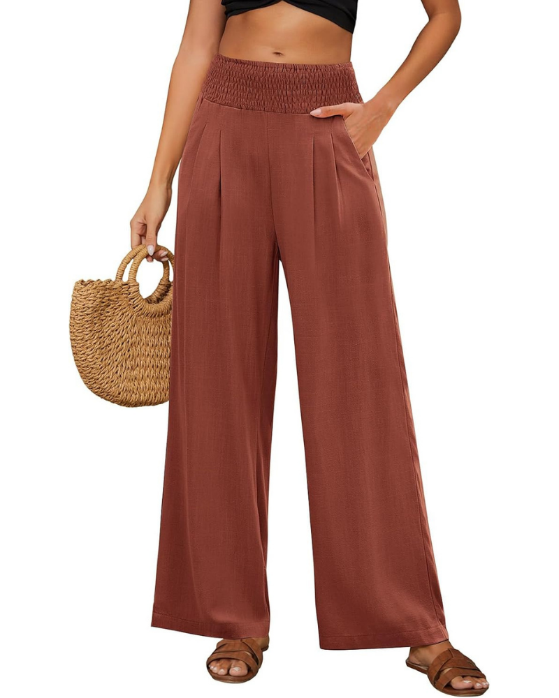 Brielle Pantaloni in Lino Donna – Vita Alta Elasticizzata, Gamba Larga e Tasche