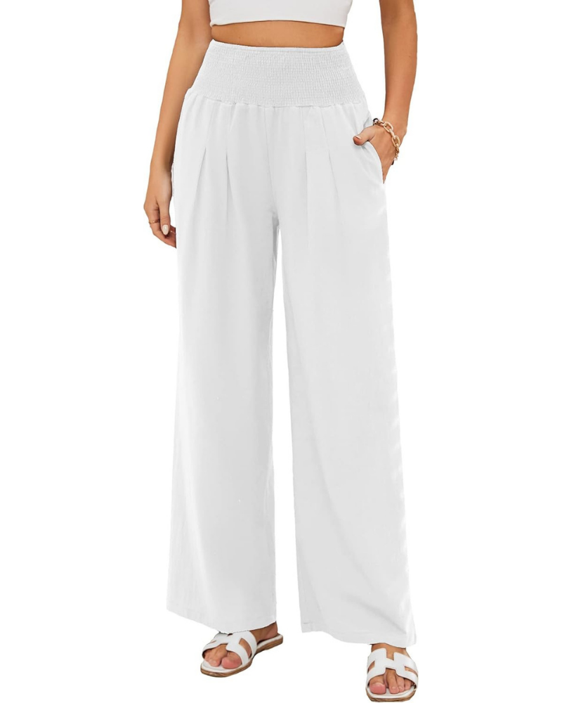 Maribel Pantaloni Palazzo Donna – Cotone e Lino con Vita Alta, Pieghe e Tasche