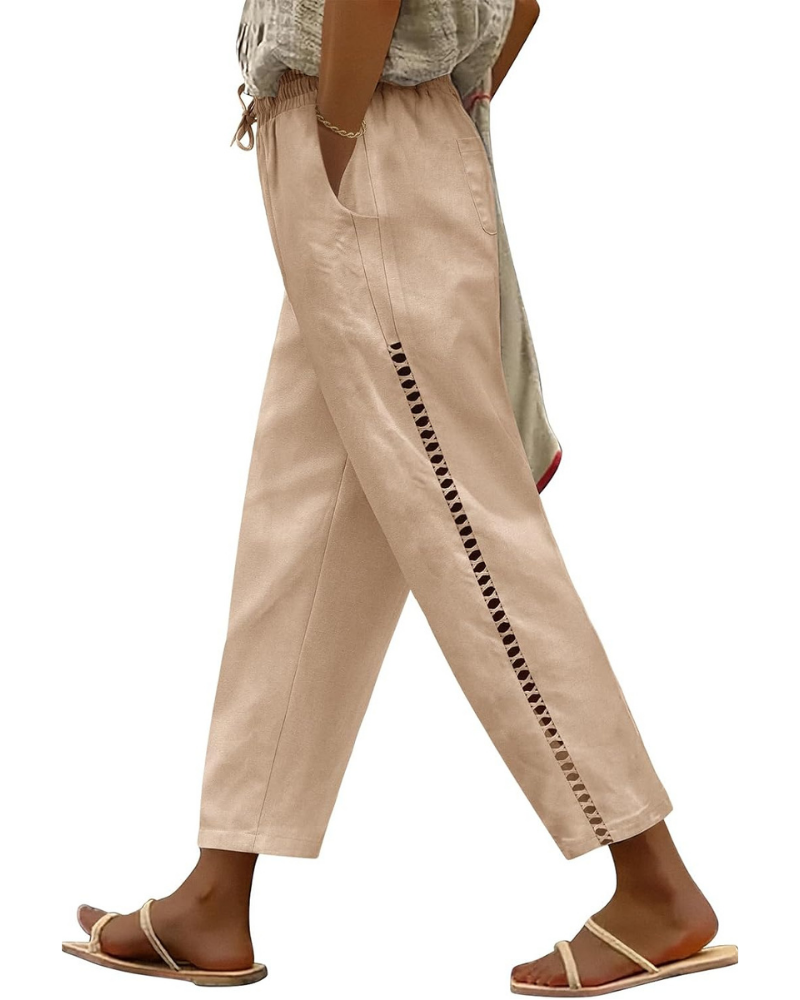 Natalie Pantaloni in Lino Donna – Gamba Larga, Vita Elasticizzata e 4 Tasche