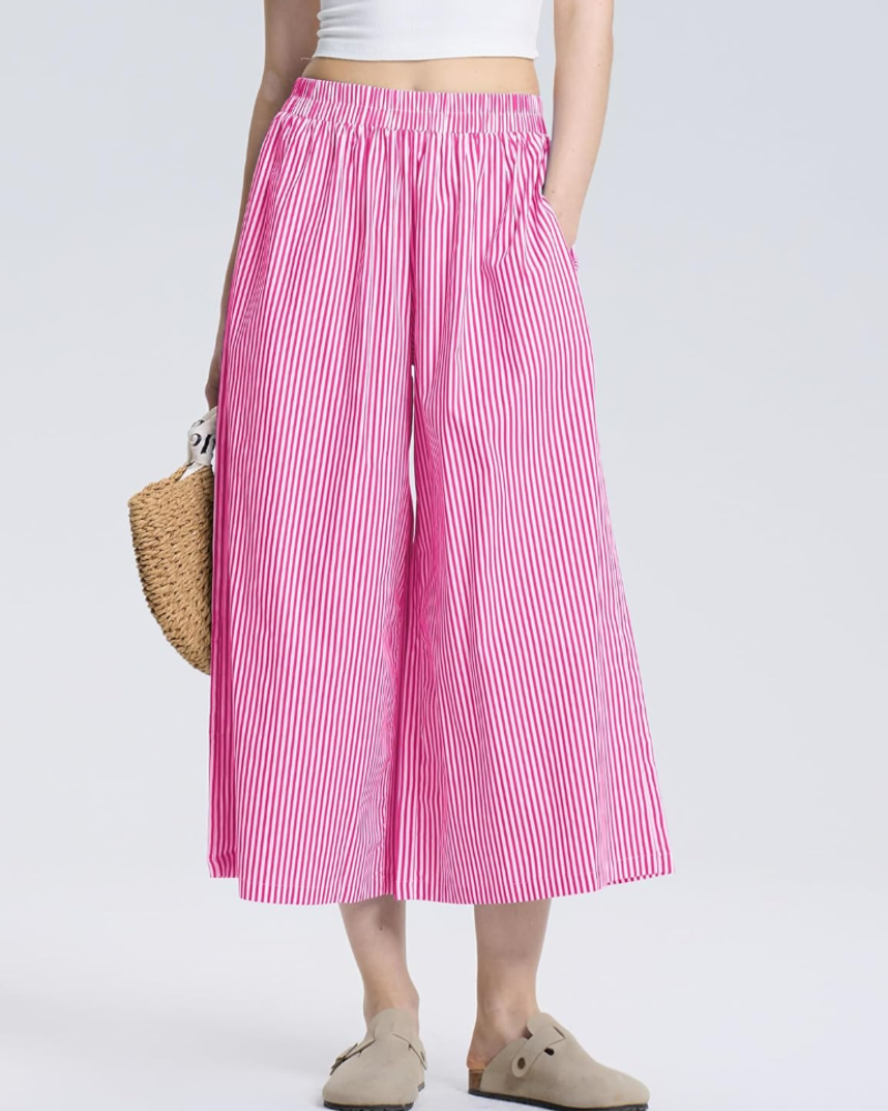 Pantalon Capri pour femme Lauren – Taille élastiquée, jambe large et motif à rayures ou carreaux