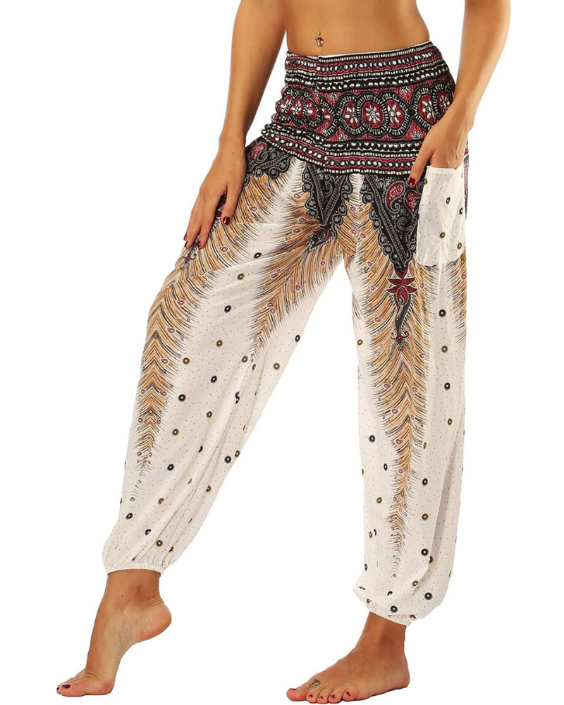 Evelyn Pantaloni Harem Donna – Vita Alta Elasticizzata, Stampa Boho e Tasche