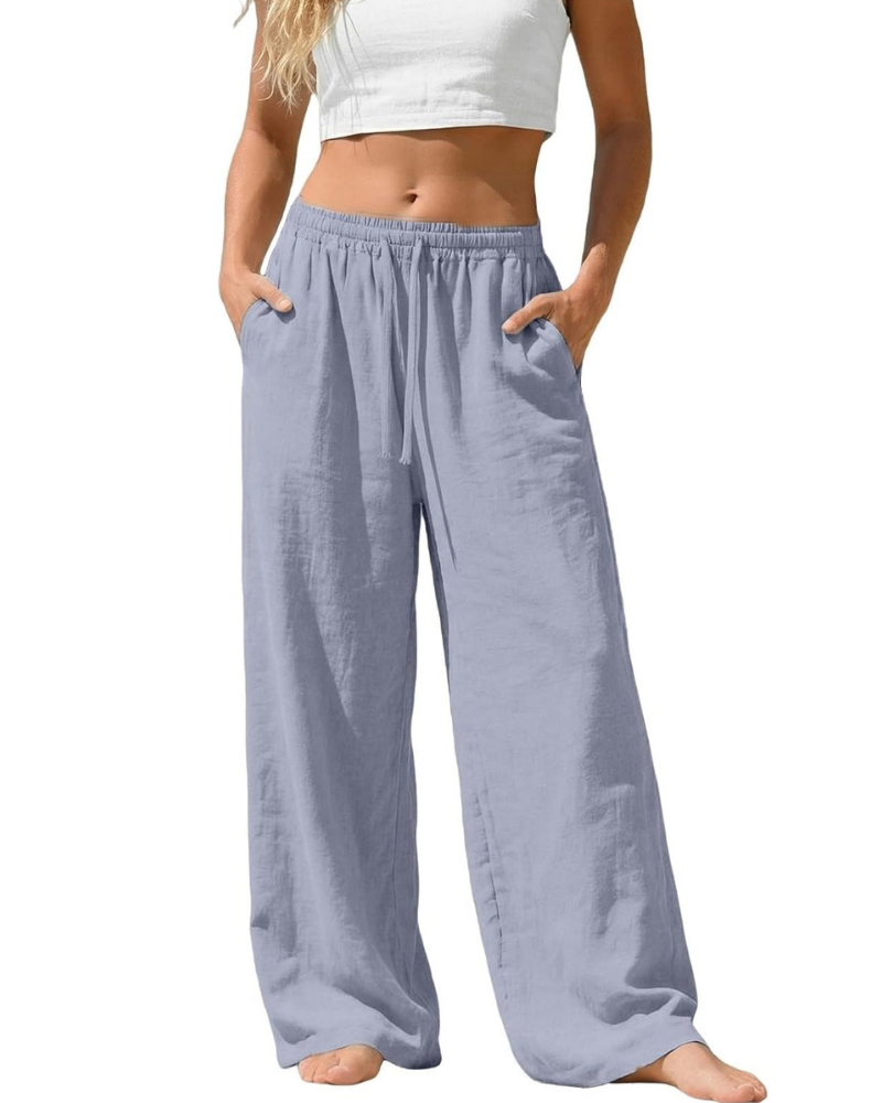 Amelia Pantaloni Palazzo Donna – Cotone e Lino, Vita Alta Elasticizzata con Tasche