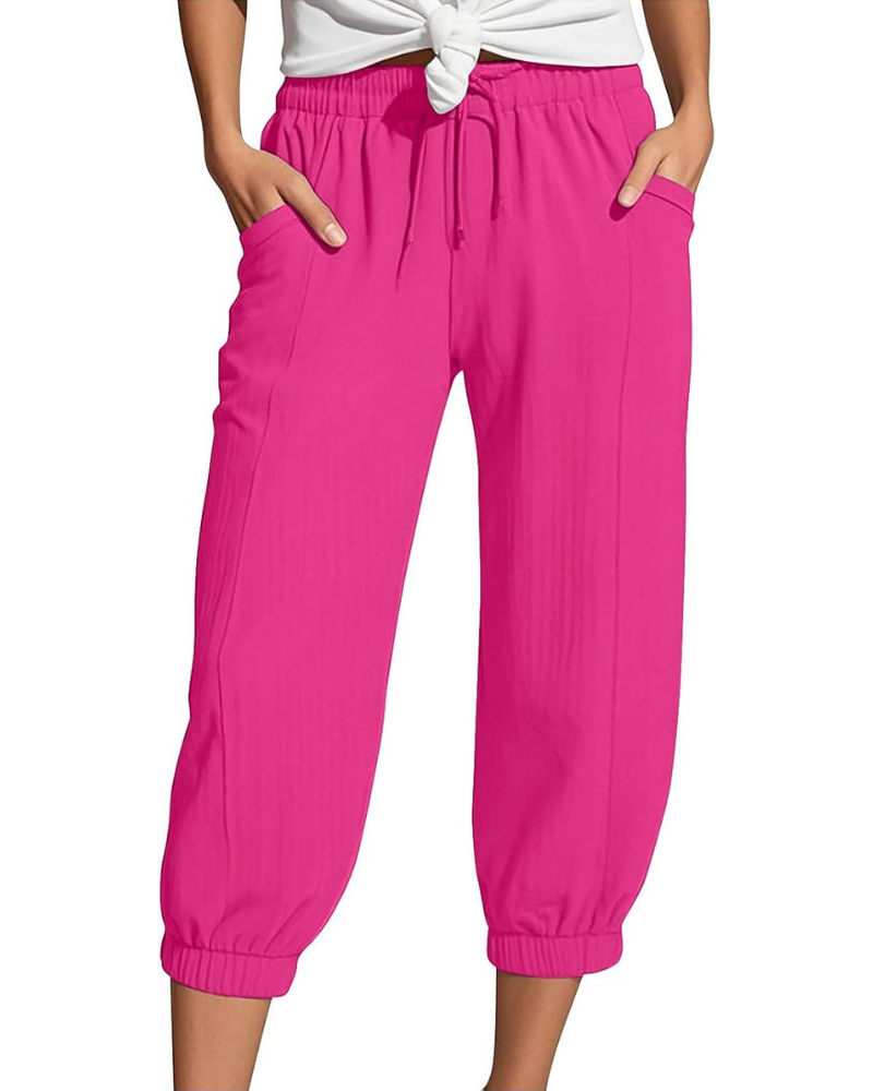 Sienna Pantaloni Capri Donna – Lino e Cotone, Vita Alta con Coulisse e Gamba Ampia