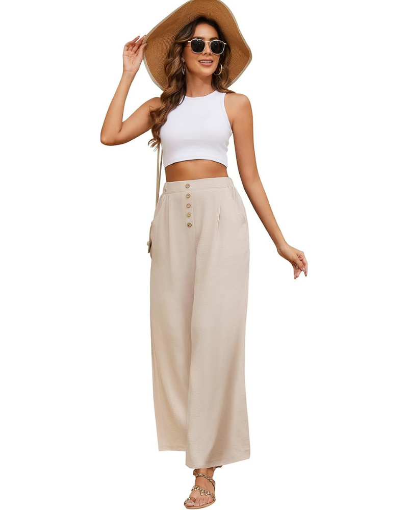 Marlowe Pantalones Palazzo para Mujer – Cintura Alta Elástica, Pierna Ancha y Bolsillos