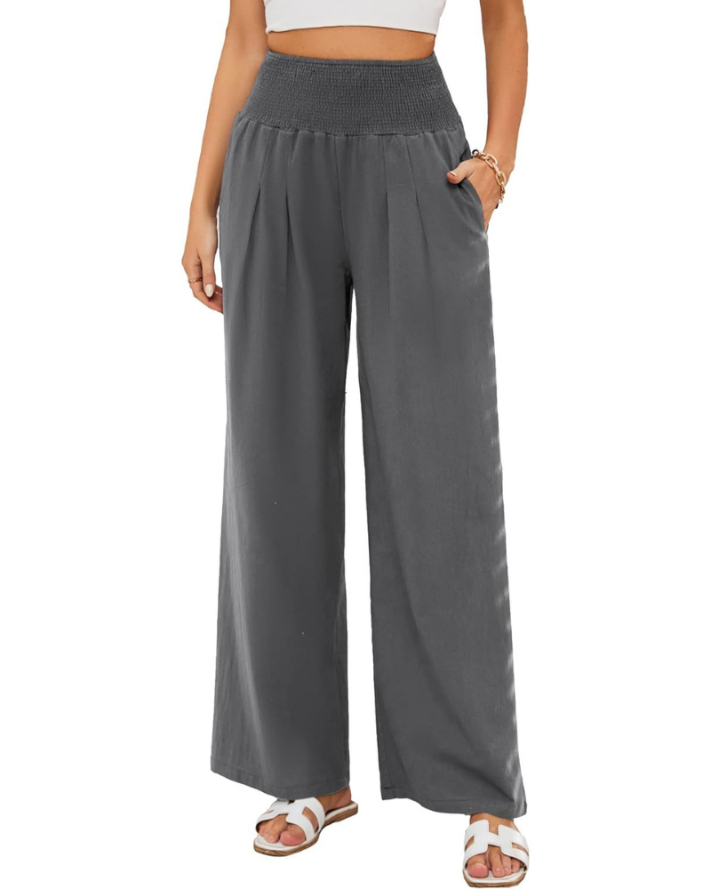 Maribel Pantaloni Palazzo Donna – Cotone e Lino con Vita Alta, Pieghe e Tasche