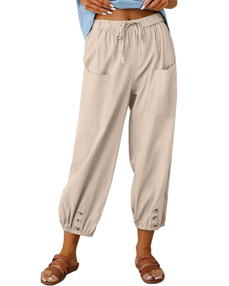 Aubrey Pantaloni Capri Donna – Vita Alta con Coulisse, Tasche e Fondo Elasticizzato