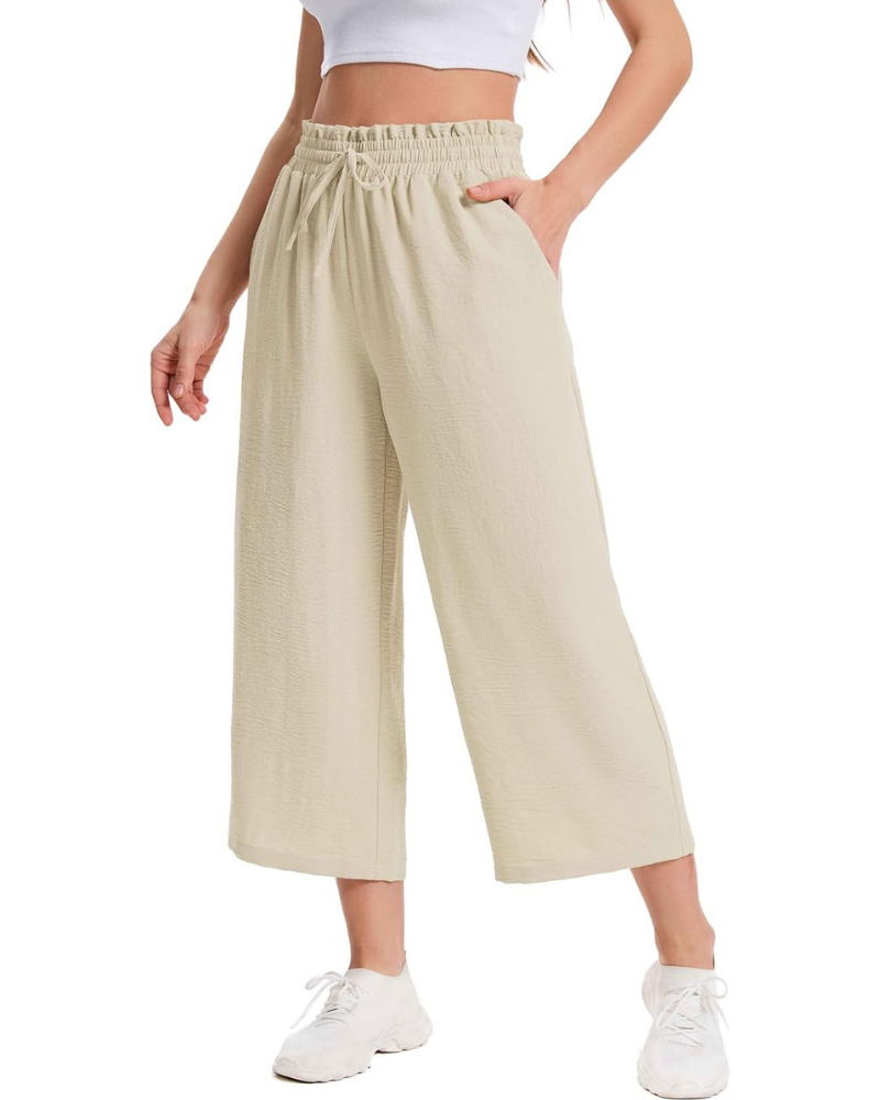 Phoebe Pantaloni Capri Donna – Vita Alta con Coulisse, Gamba Ampia e Tasche