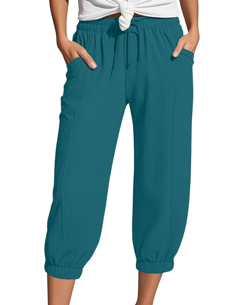 Sienna Pantaloni Capri Donna – Lino e Cotone, Vita Alta con Coulisse e Gamba Ampia