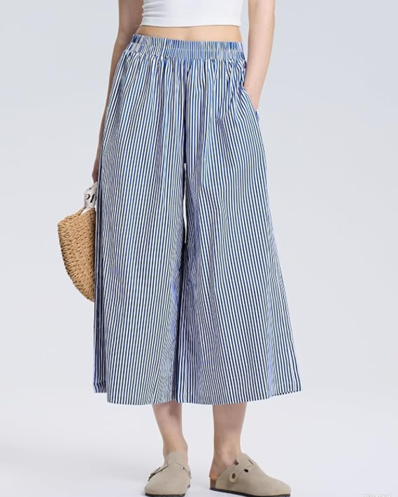 Lauren Pantaloni Capri Donna – Vita Elasticizzata, Gamba Larga e Fantasia a Righe o Quadri