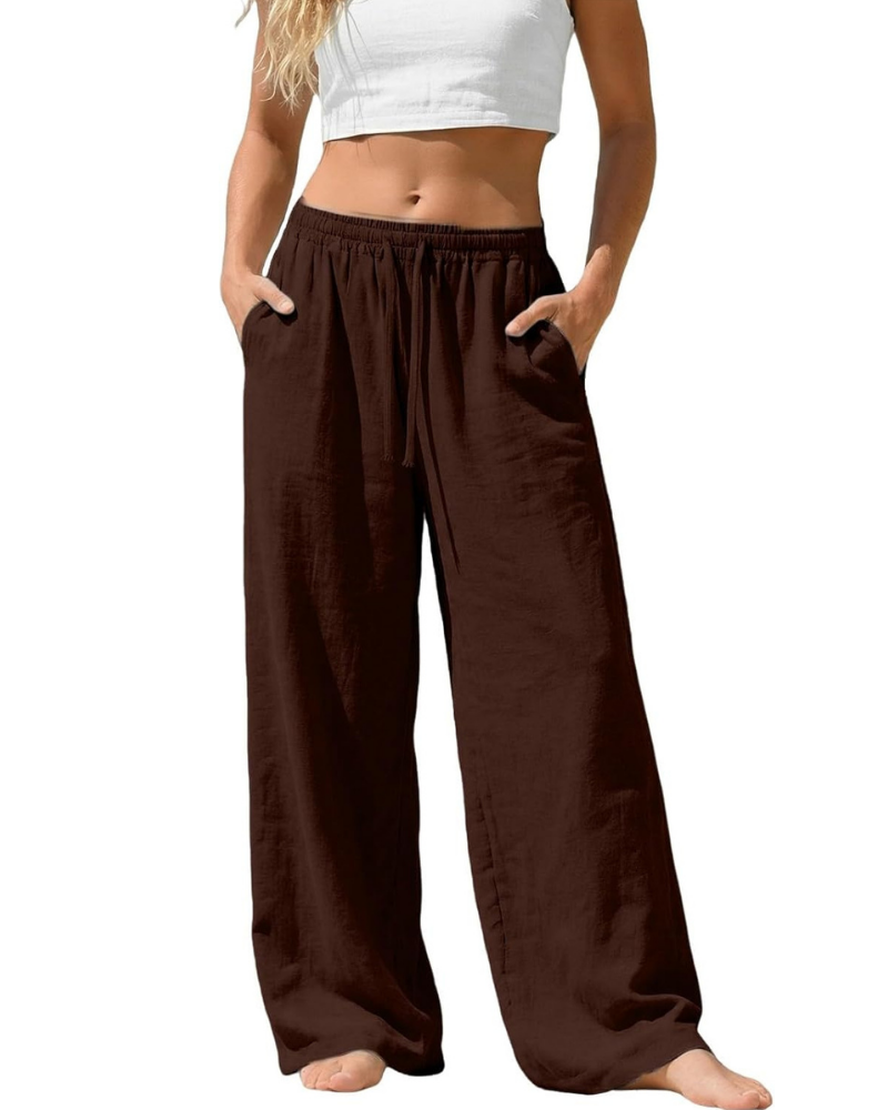 Amelia Pantaloni Palazzo Donna – Cotone e Lino, Vita Alta Elasticizzata con Tasche