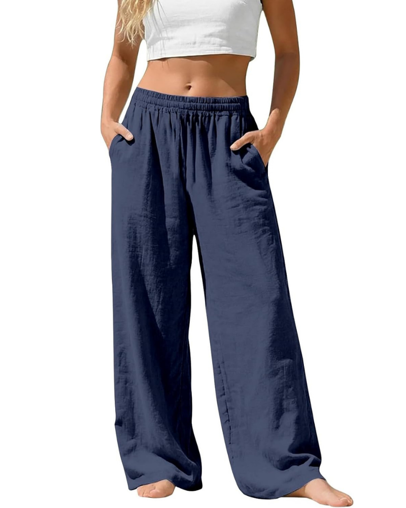 Amelia Pantaloni Palazzo Donna – Cotone e Lino, Vita Alta Elasticizzata con Tasche
