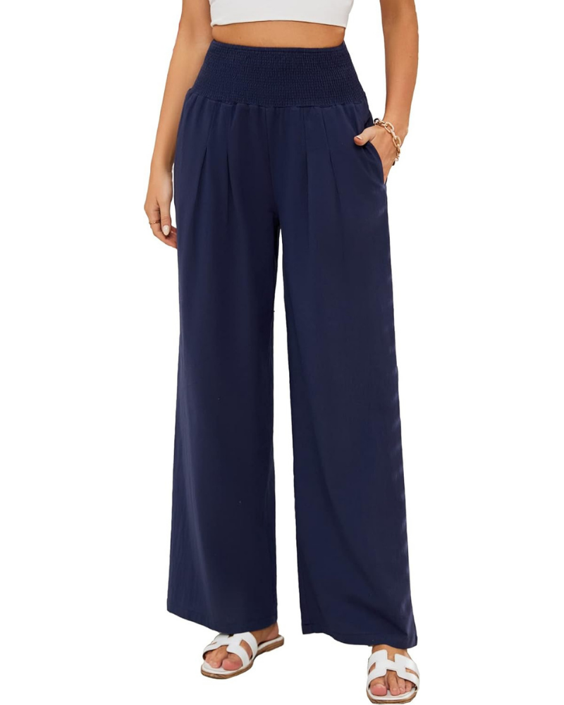 Maribel Pantaloni Palazzo Donna – Cotone e Lino con Vita Alta, Pieghe e Tasche