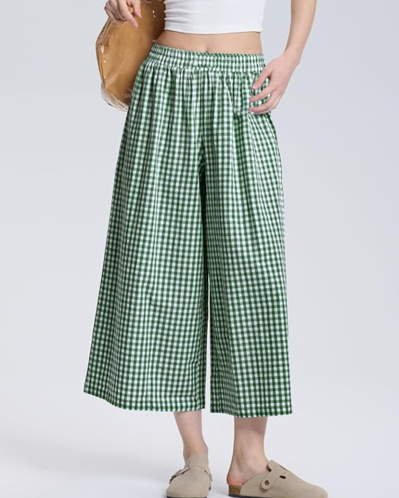 Lauren Pantaloni Capri Donna – Vita Elasticizzata, Gamba Larga e Fantasia a Righe o Quadri