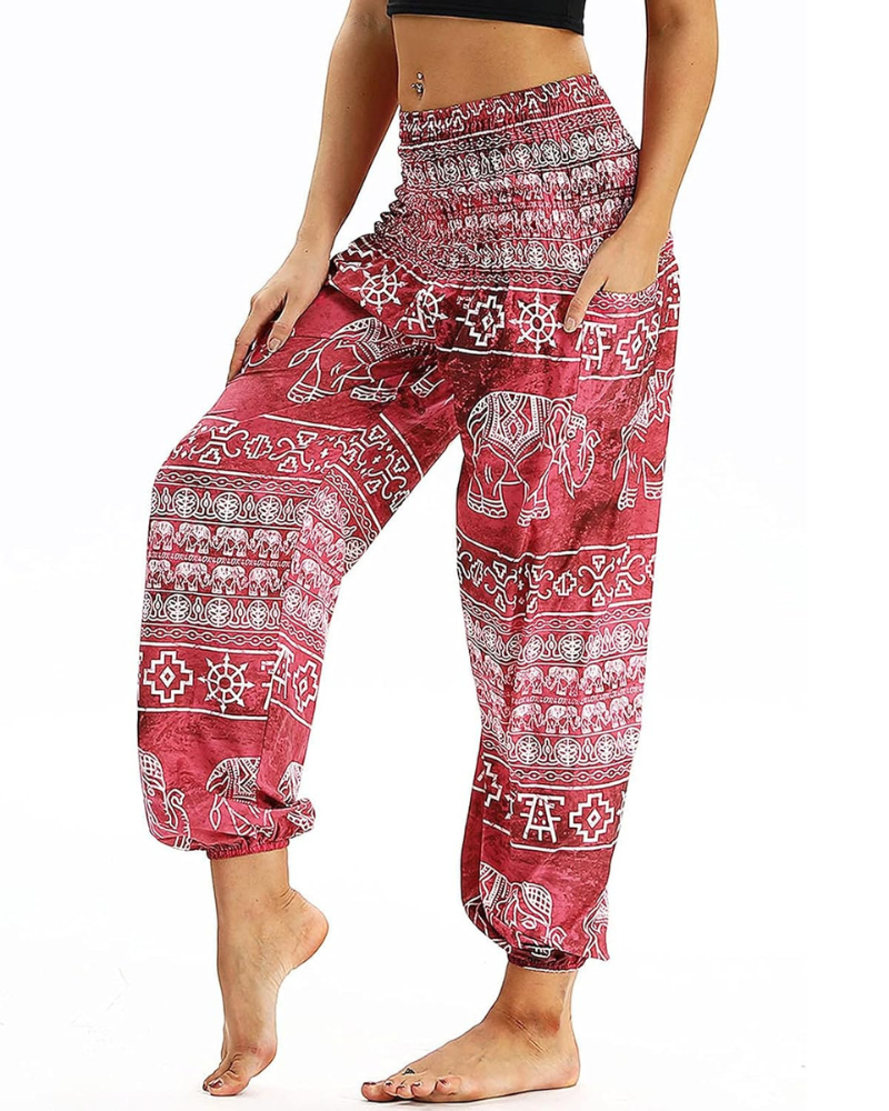 Evelyn Pantaloni Harem Donna – Vita Alta Elasticizzata, Stampa Boho e Tasche