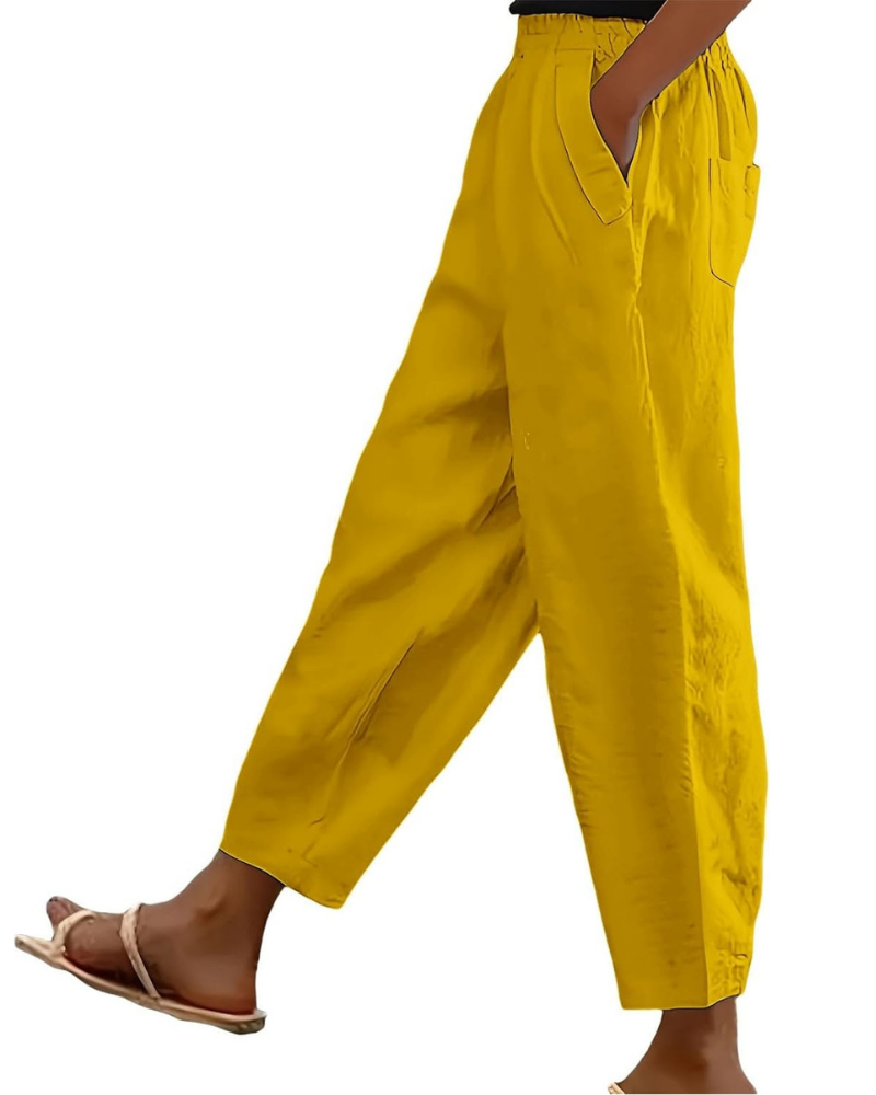 Sophia Pantaloni Donna in Lino Cotone – Vita Elasticizzata, Gamba Dritta e Tasche Casual