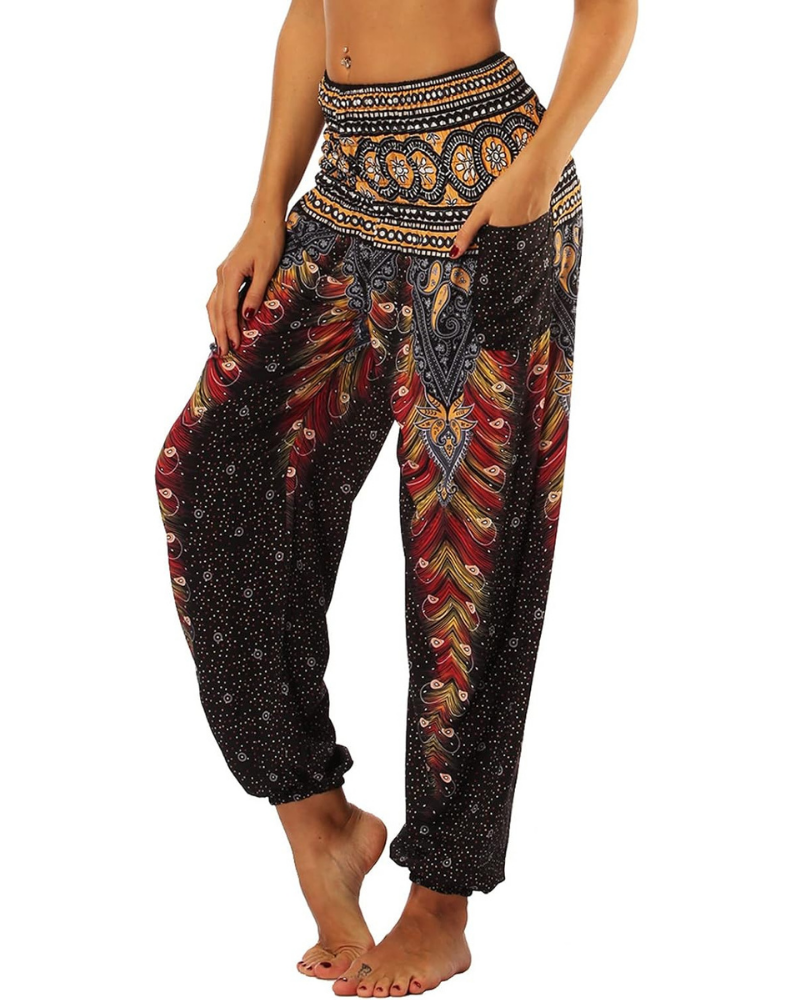 Evelyn Pantaloni Harem Donna – Vita Alta Elasticizzata, Stampa Boho e Tasche