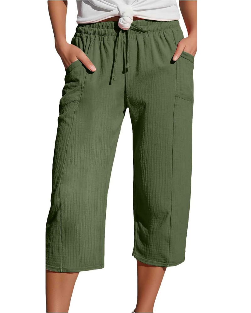 Savannah Pantaloni Capri Donna – Misto Lino, Vita Elasticizzata e Tasche Laterali