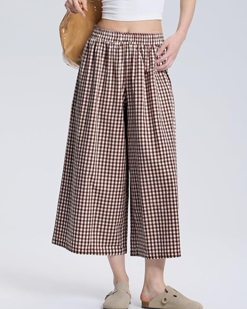 Lauren Pantaloni Capri Donna – Vita Elasticizzata, Gamba Larga e Fantasia a Righe o Quadri