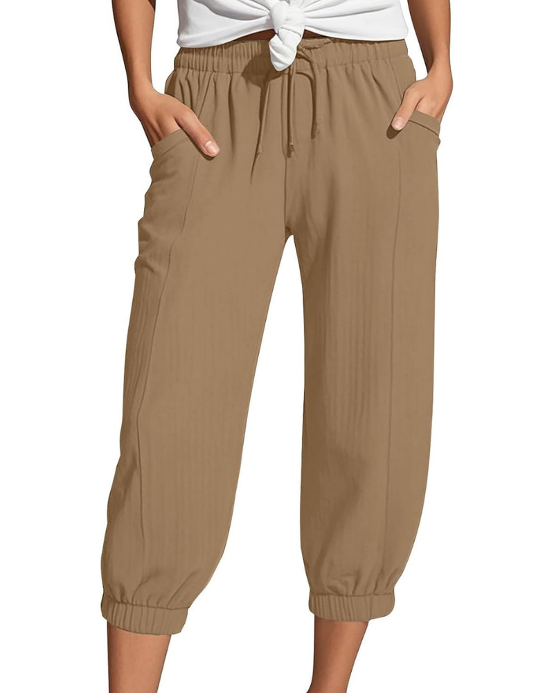 Sienna Pantaloni Capri Donna – Lino e Cotone, Vita Alta con Coulisse e Gamba Ampia