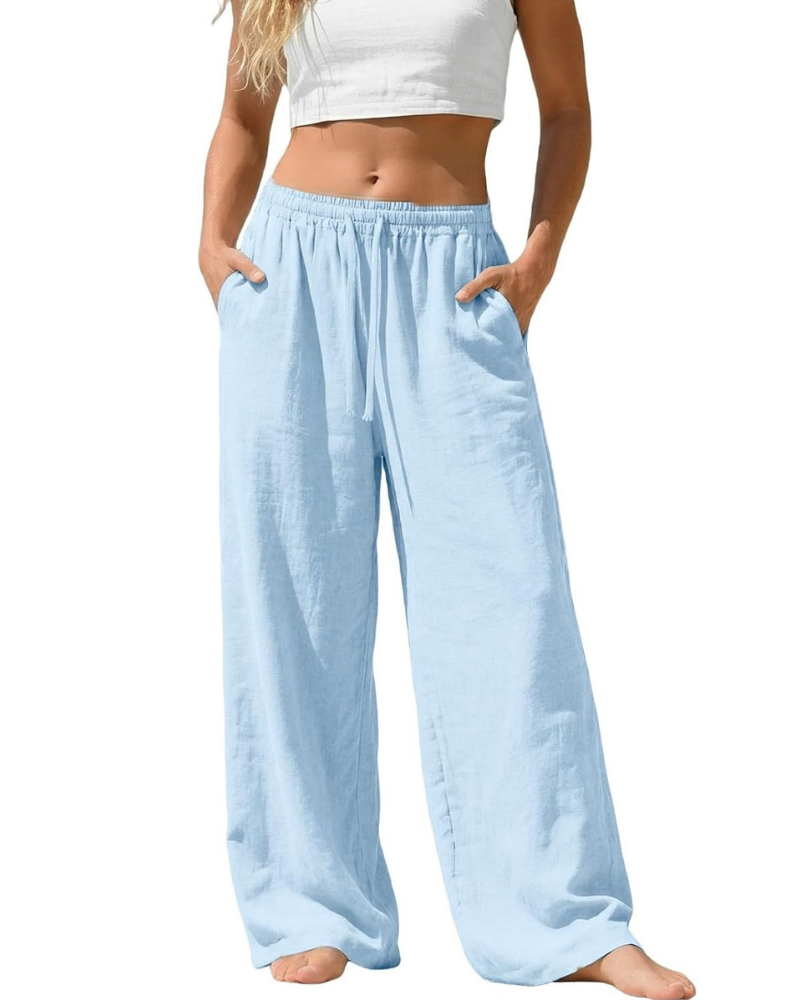 Amelia Pantaloni Palazzo Donna – Cotone e Lino, Vita Alta Elasticizzata con Tasche