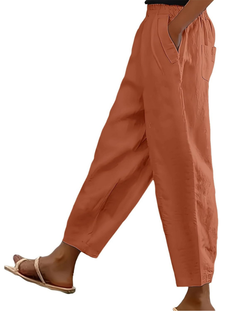 Sophia Pantaloni Donna in Lino Cotone – Vita Elasticizzata, Gamba Dritta e Tasche Casual